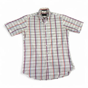 Vintage Manhattan Shirt Adult MEDIUM Brown Blue Plaid Button Down Sport 80s